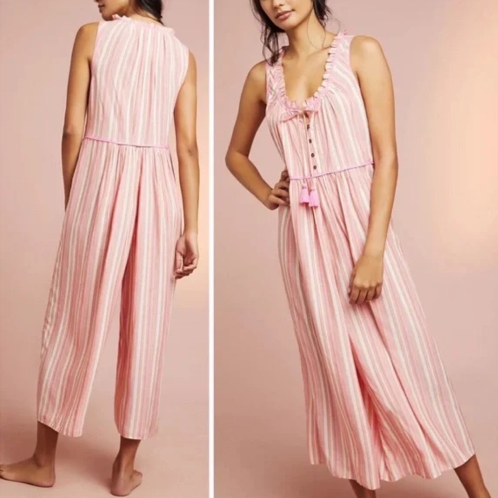 Anthropologie Visayas Boho Relaxed Striped Wide Leg Jumpsuit in Pink White Sz S